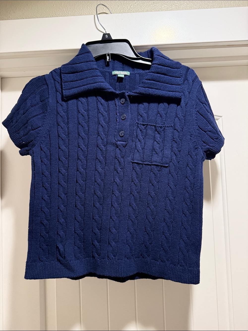 Navy Cable-Knit Polo Sweater for Women